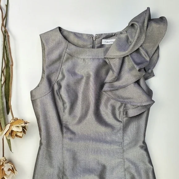 Calvin Klein Silver Grey Ruffle Shoulder Dress 2 - Picture 3 of 14